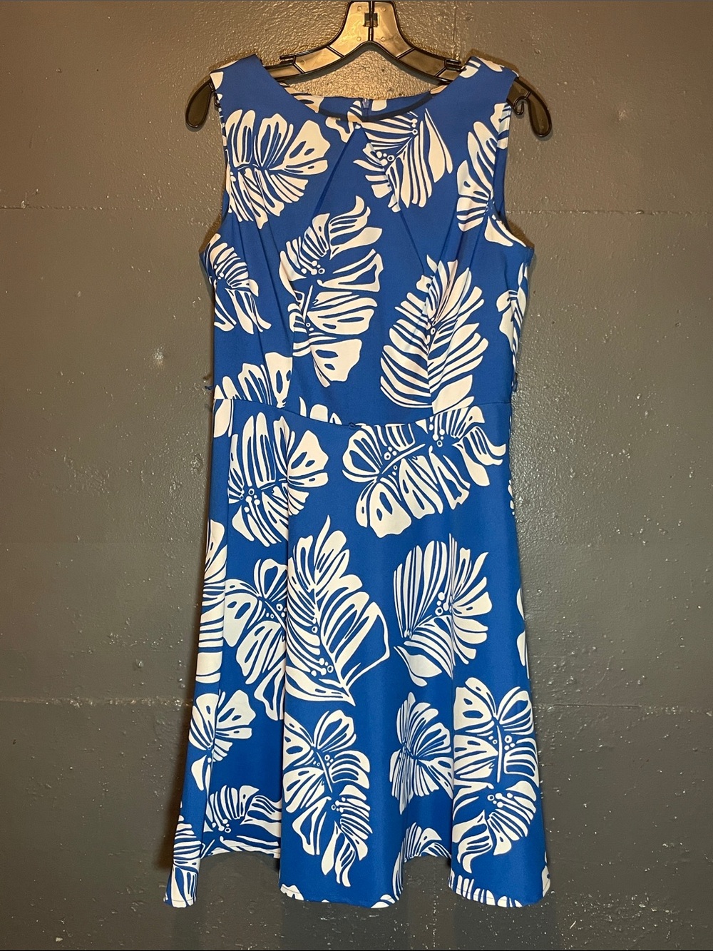 dressbarn Blue and White Tropical Midi Dress